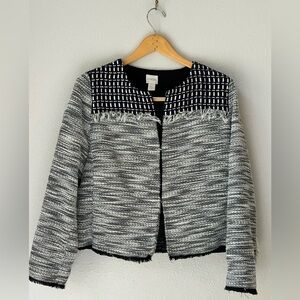 Chico’s Mixed Media Cropped Jacket with Fringe Accents (Size 1 = M/8)